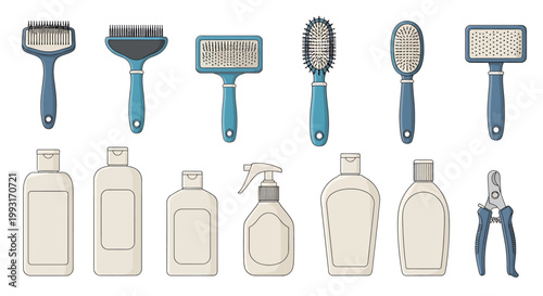 Collection of grooming tools and pet care products for animal hygiene and maintenance.