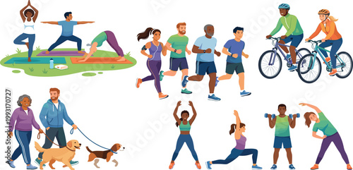 Diverse People Enjoying Outdoor Activities in City Park Including Working on Laptop Cycling Jogging Roller Skating and Family Picnic for Active Urban Lifestyle Vector Illustration