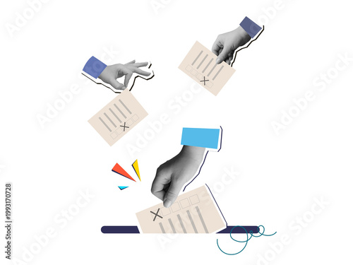 Hands putting a forms in a ballot box. Modern collage style. Illustration on a transparent background