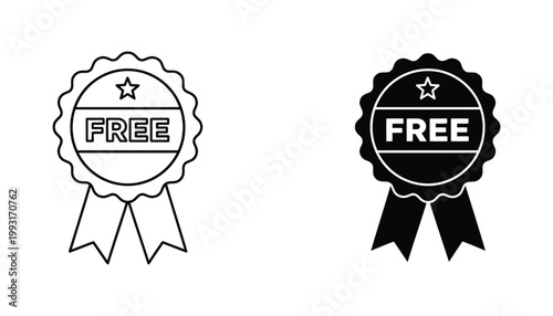Free quality assurance badge icon set with star emblem and ribbons in outline and solid black style for marketing promotions and product certification labels