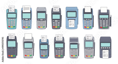 Collection of various point-of-sale POS terminals with printed receipts.