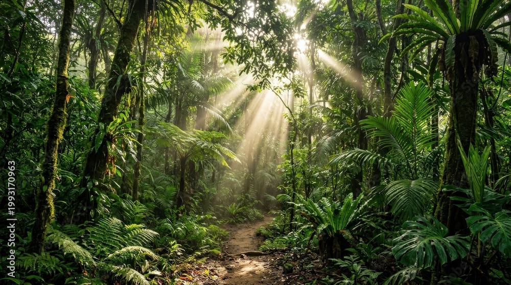 Fototapeta premium Sunlight streaming through lush tropical rainforest canopy, vibrant jungle nature background with rich green foliage, dramatic rays and fresh exotic atmosphere, soft lighting, realistic texture, clean