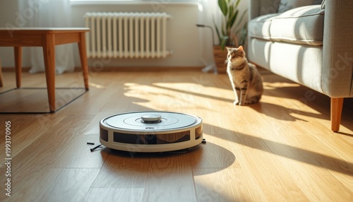 There is a cat that is sitting on the floor next to a robot