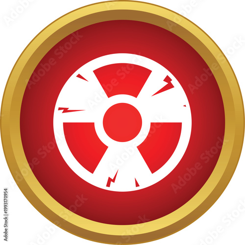 Radiation warning symbol centered in a red circle with gold border