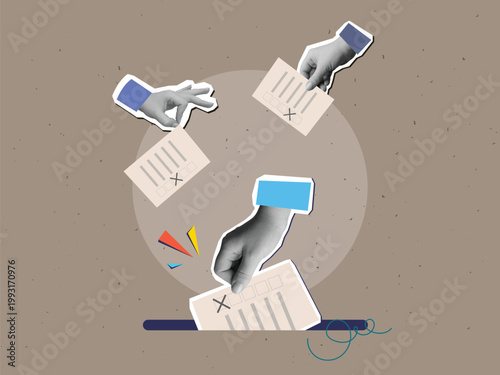 Hands putting a forms in a ballot box. Modern collage style. Vector illustration