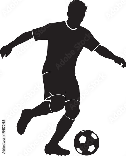 Dynamic soccer player executing a powerful kick on a ball during a game silhouette vector icon