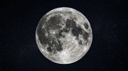 Detailed full moon against black sky highlighting lunar surface formations, scientific astronomy image with crisp texture and high-contrast night composition, realistic detail, no logos