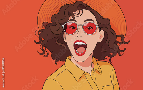 Stylish Woman with Red Sunglasses and Curly Hair