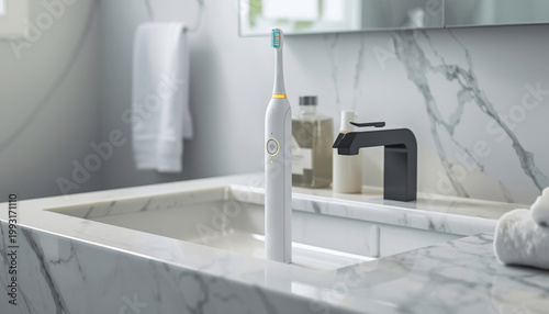 There is a toothbrush sitting on top of a sink in a bathroom