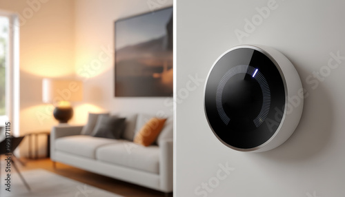 This is an image of a living room with a smart thermosta on the wall