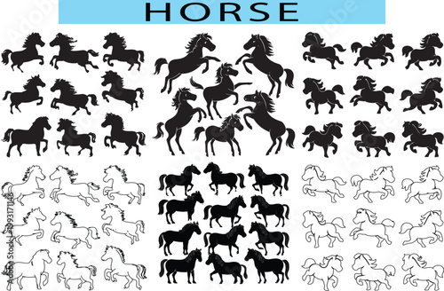 Black Horse outline vector illustration, Horse silhouette, Horse vector in white background