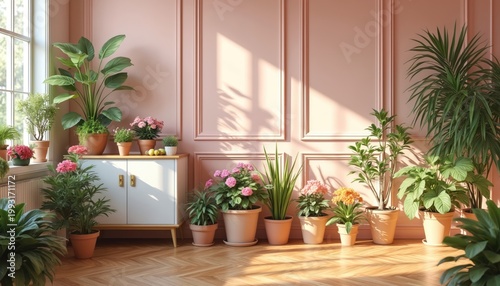 Interior room with many potted green plants and pink flowers on herringbone wood floor. White cabinet sits against pale pink paneled wall. Sunlight streams through window casting shadows.