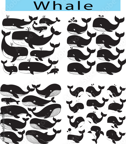 Black cute whale vector art illustration, Whale silhouette in white background