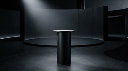 Black podium stand for product placement, dark exhibition scene with spotlight, minimal round platform showroom background, elegant contrast, no logos