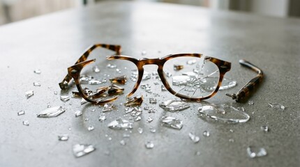 Broken pair of glasses shattered into pieces, accident, damage, and fragility concept with sharp detail on clean surface, realistic finish, no logos