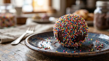 Chocolate truffle covered in colorful sprinkles, indulgent dessert macro with rich texture and playful confection styling, soft light, realistic detail, no logos