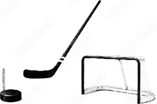 Halftone vector of dotted retro hockey gear with puck stick and net in grunge style