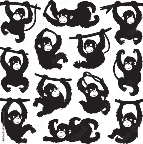 Cute jumping Orangutan silhouette vector illustration, Orangutan vector art