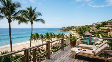 Wooden deck overlooking beach with palm trees and blurred ocean under clear sky, tropical resort background, summer vacation, relaxing seaside scene, sunny natural light, realistic detail, no logos