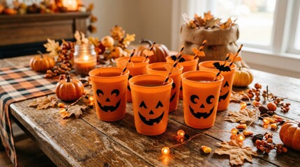 Halloween themed orange cups with jack o lantern faces on a wooden surface, festive party decoration and seasonal celebration concept, warm autumn mood, soft ambient light, realistic detail, no logos