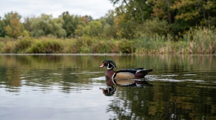 Serene duck gliding gracefully across calm water, peaceful wildlife scene with gentle ripples and natural reflection, soft daylight, realistic detail, no logos