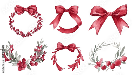 Watercolor set of whimsy frames with ribbons and red bows isolated on white background png