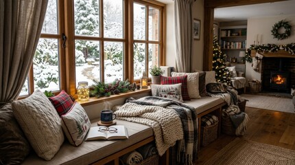 Cozy window seat with pillows and winter decor, warm home interior for seasonal comfort and relaxation, soft natural light, realistic detail, no logos