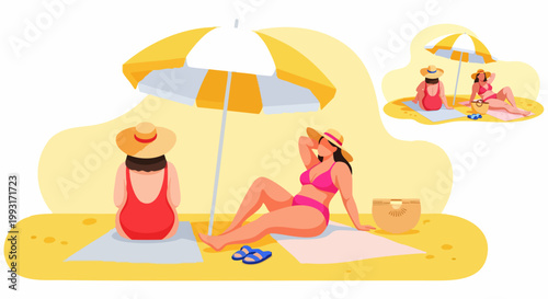 Body positive women sunbathing on beach, curvy female friends in swimsuits under yellow umbrella, summer vacation vector illustration