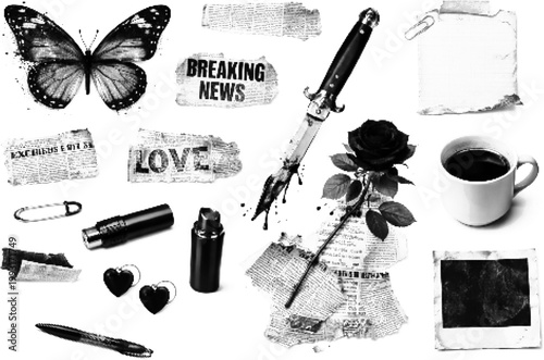 Halftone vector of butterfly, dagger, rose, coffee cup in retro grunge dotted style