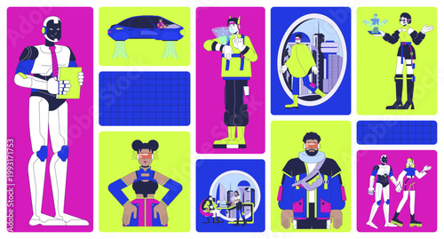 Futuristic lifestyle with technology and AI robots bento grid illustration set. Advanced daily life 2D vector image collage design collection. Diverse techwear flat characters moodboard layout