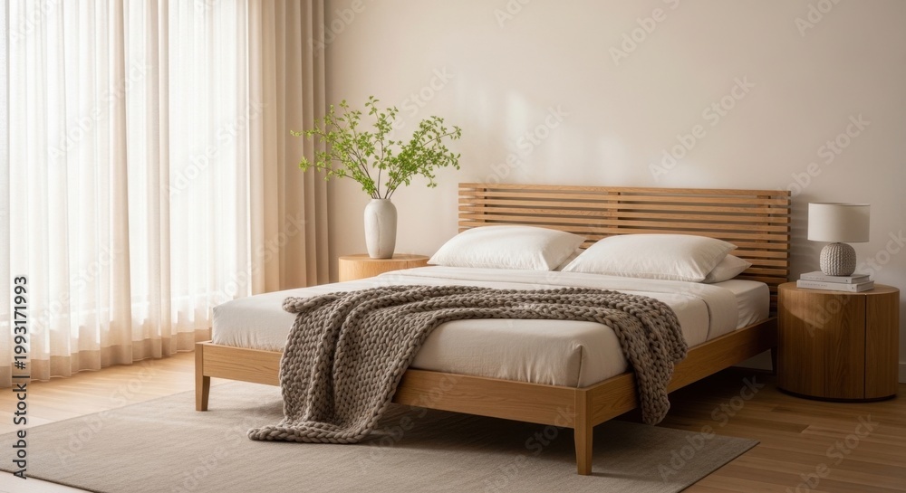 Fototapeta premium Modern minimalist bedroom interior design featuring a wooden platform bed with cozy bedding and soft natural light in a calm home living space