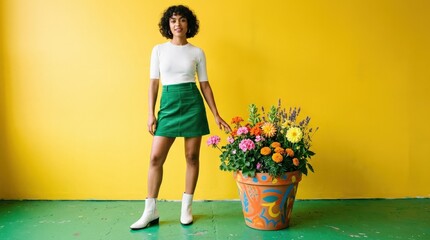 Model in a green skirt and sleek white leather boots beside a vibrant flower pot on a green floor with a yellow wall, bold retro color-blocked fashion still life, no logos
