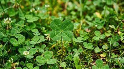 Close-up vibrant green four-leaf clover surrounded by lush foliage, luck and nature concept with fresh botanical detail, soft daylight, realistic finish, no logos