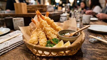 Tempura shrimp in small basket, crispy seafood appetizer with golden coating and elegant casual serving style, realistic detail, no logos