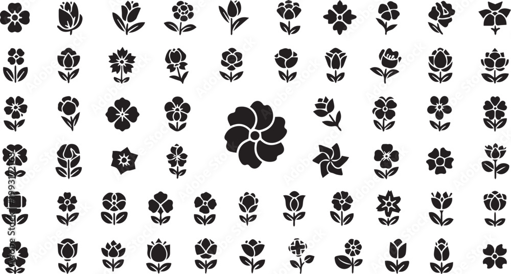 Obraz premium Black Flower Icon Set Nature Floral Symbols Collection