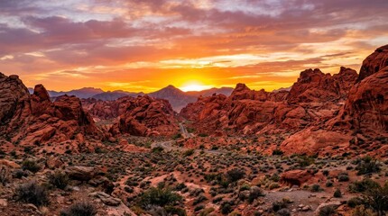 Sunset over Valley of Fire State Park, Nevada desert landscape, dramatic red rock formations, travel destination, golden sky, scenic panorama, realistic detail, no logos
