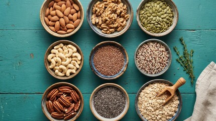 Assorted nuts seeds and grains in rustic bowls on teal background, healthy natural ingredients, nutrition and wellness concept, top view composition, clean studio lighting, realistic texture, no logos