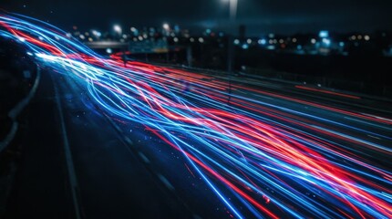 Blue and red light streaks on dark background, speed and motion concept, dynamic abstract energy, glowing trails, high contrast atmosphere, realistic light detail, no logos