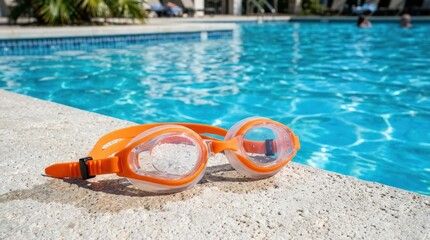 Orange and clear swimming goggles placed on the edge of a swimming pool, sporty summer accessory in a clean aquatic setting, bright blue water, crisp daylight, realistic product photography, no logos