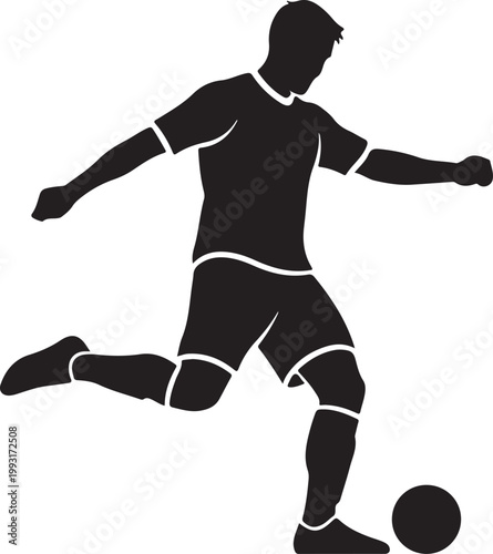 Dynamic soccer player in action kicking a ball with determination and precision on the field. silhouette vector icon