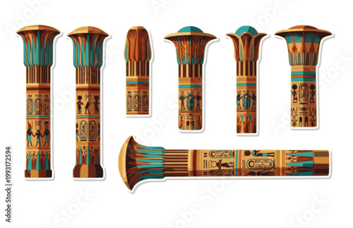 Ancient Egyptian Temple Column Sticker. Flat Vector Illustration of Papyrus Pillar with Hieroglyphic Relief.