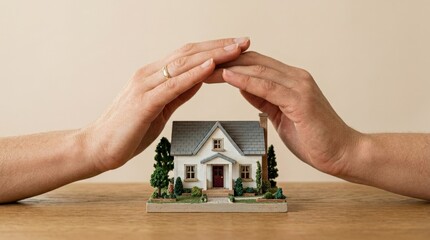 Hands protecting miniature house model, home insurance real estate investment and property security concept, clean studio composition, soft light, realistic detail, no logos