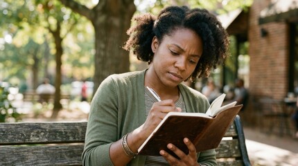 Black person writing notes in a small journal, thoughtful creative lifestyle, candid close-up in an outdoor setting, no logos