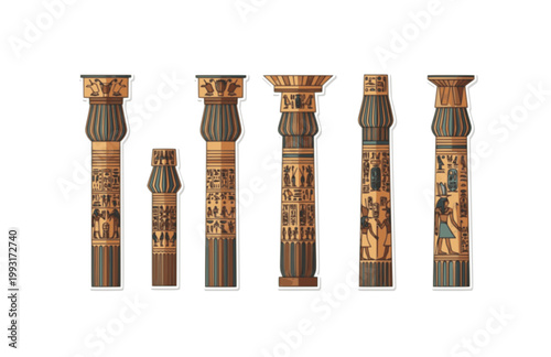 Ancient Egyptian Temple Column Sticker. Flat Vector Illustration of Papyrus Pillar with Hieroglyphic Relief.