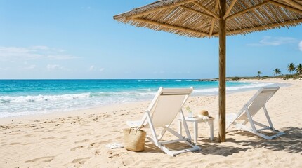 Two modern white deck chairs under reed parasol on sandy beach, summer holiday concept with copy space, bright daylight, clean minimalist travel scene, no logos