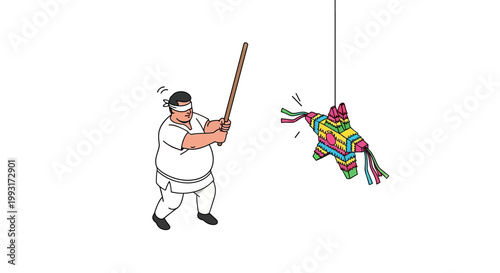 Blindfolded Man Swings at Colorful Pinata with a Wooden Bat.