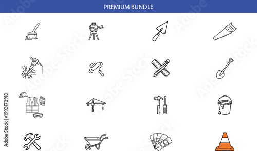 Construction tools and equipment outline icons set with hammer saw shovel drill and builder safety gear symbols.