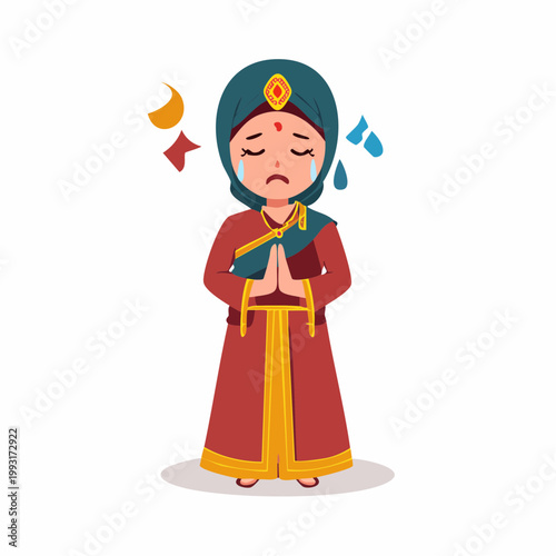 Sad Woman in Traditional Indian Attire Praying