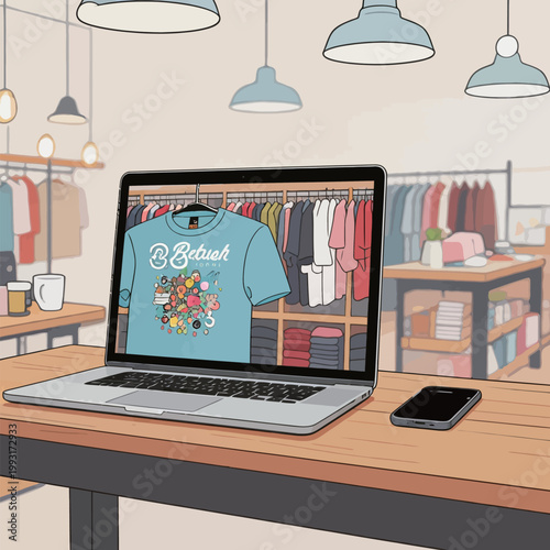 Laptop Displaying T - Shirt Design in Clothing Store