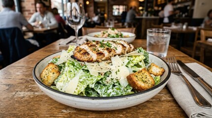 Caesar salad with chicken and parmesan, fresh restaurant salad with crisp lettuce and savory toppings, realistic food detail, no logos